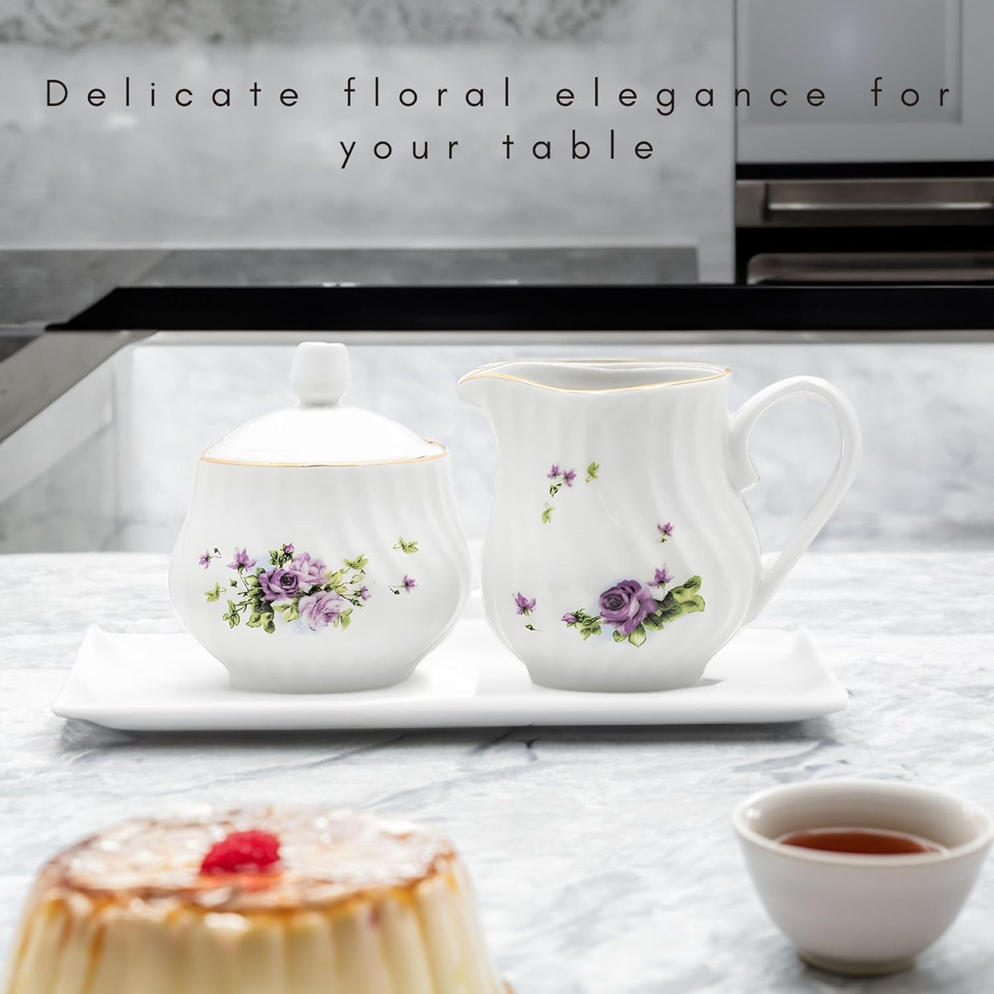 Sugar and Creamer Set - Porcelain Sugar and Creamer Floral Vintage Tea Set with Gold Trims & Embossed Swirls - Exquisite Fine China Tea Set for Parties & Celebrations - Lucinda Set by Lynns