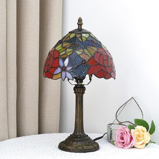 Tiffany Lamp - Red Rose Stained Glass Table Lamp 8x8x14 Inches - Red Rose Style Desk Reading Light - Bedroom & Living Room Decor