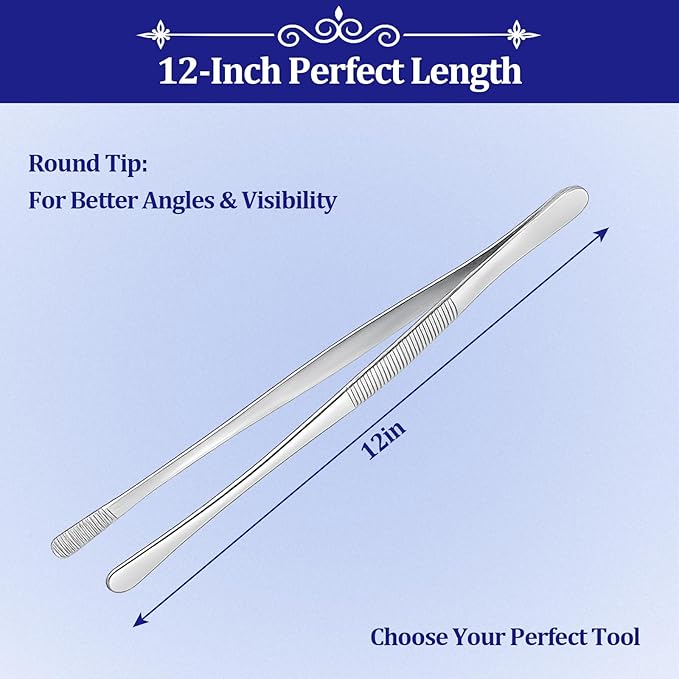 12-inch Stainless Steel Cooking Tongs & Tweezers, Non-Slip Grip & Serrated Tips for Grilling, Baking, Garnishing, BBQ, Kitchen & Craft Use (Round Tip)