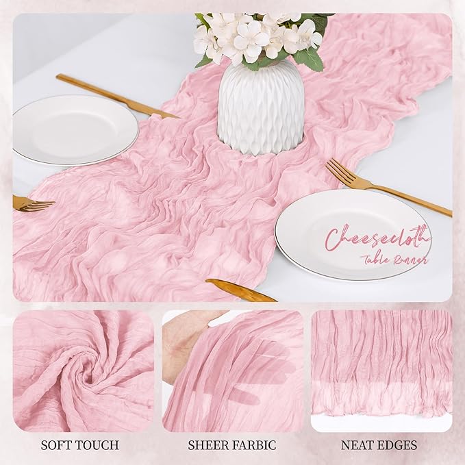 12 Pack Light Pink Cheesecloth Table Runner 17x108 Inch Semi Sheer Boho Gauze Cheese Cloth Fabric Table Runners, for Wedding Party Baby Shower Birthday Home Decor Garden Farmhouse