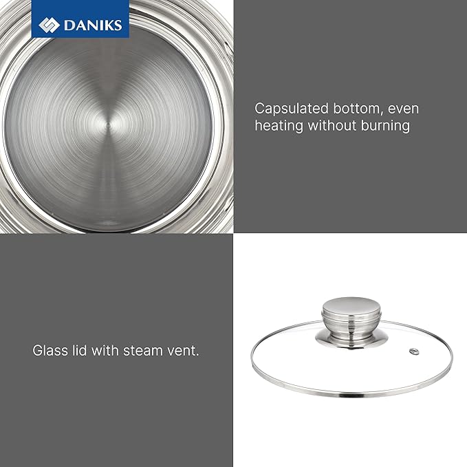 Daniks Standard 10 Quart Stainless Steel Stock Pot with Glass Lid, Try-Ply Bottom for Even Heating, Induction Compatible, Dishwasher Safe, Built-In Measuring Scale, Silver