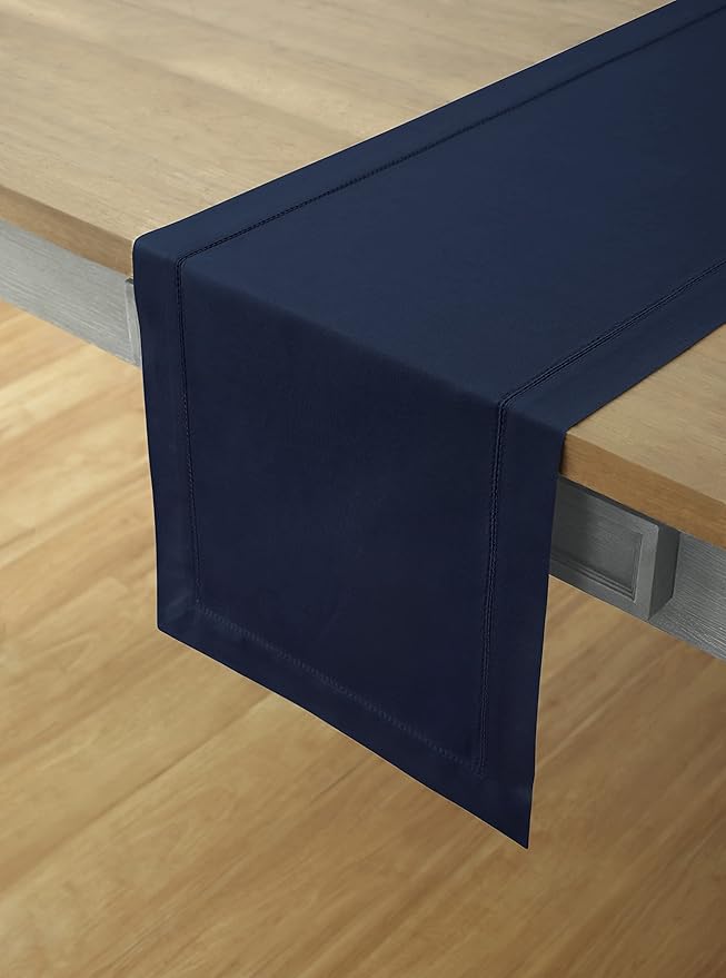 Solino Home Navy Blue Table Runner 60 Inches - Cotton Linen Hemstitch Coffee Table Runner 14 x 60 Inch Ideal for Dresser Tables - Winter, Christmas, Holiday, New Year