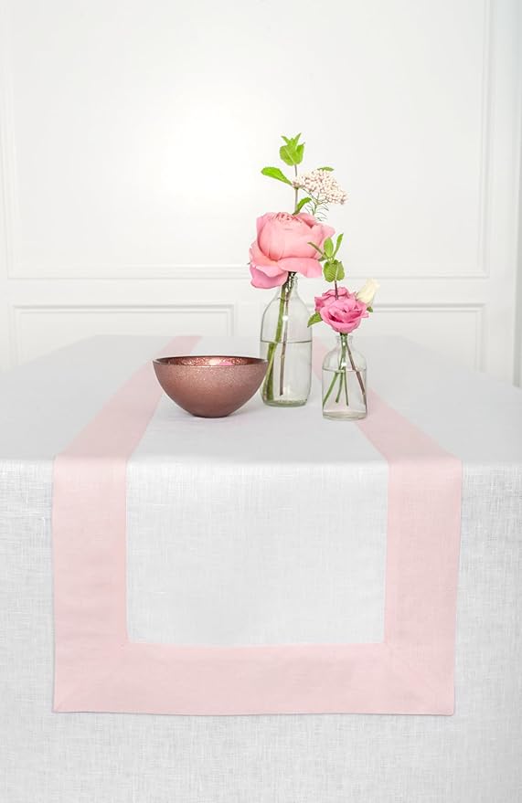 Solino Home Linen Table Runner 48 Inches - 100% Pure Linen Blush Pink and White Table Runner 14 x 48 Inch Ideal for Dresser and Coffee Tables, Christmas - Contempo