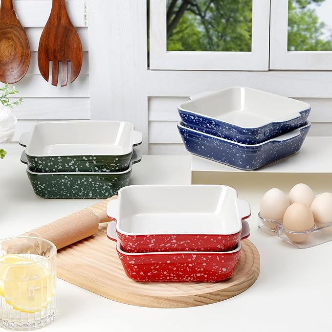 NUTRIUPS 13oz 5.9x5.9in Square Ceramic Baking Dish Set, 2-Pack Small Oven-Safe Baking Pan for Lasagna, Casserole - Bakeware for Baking & Serving (Red&Green)