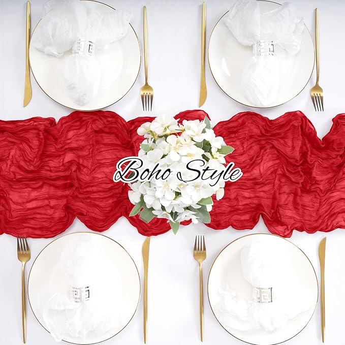 Pesonlook 20 Pack Cheesecloth Table Runner Red, Rustic Boho Gauze Fabric Table Runner Romantic Table Runner for Wedding, Festival, Birthday, Anniversary, Dinner and Outdoor Events (17.7 x 108 inch)