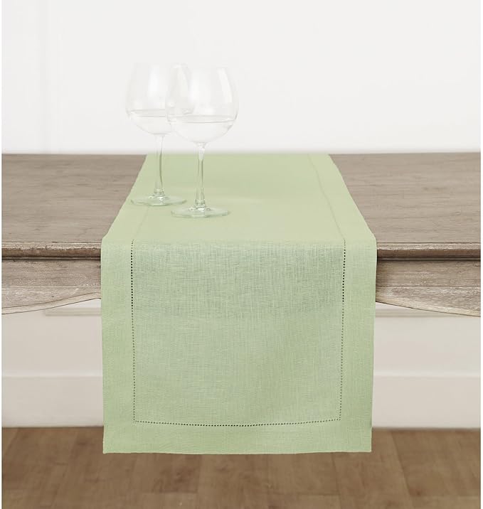Solino Home Linen Sage Green Table Runner 90 Inches Long - 100% Pure Linen Hemstitch 14 x 90 Inch Table Runner for Dining, Christmas, New Year - Classic Hemstitch