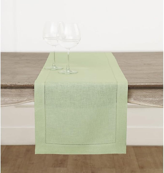 Solino Home Linen Sage Green Table Runner 132 Inches Long - 100% Pure Linen Extra Long Table Runner 14 x 132 Inch for Christmas, New Year - Classic Hemstitch