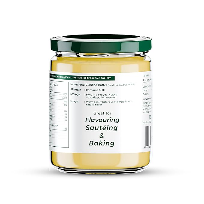 Organic Mandya Grass Fed Ghee A2 Butter, Pasture Raised, Lactose Free, Stress-Free Cattle, Ethically Sourced | Fermented A2 Ghee (16 oz / 475 ml)