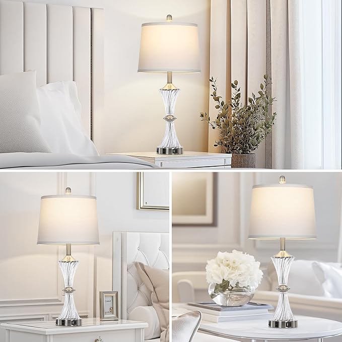 Crystal Glass Table Lamp with USB C+A Ports & AC Outlet,White Clear Modern Bedroom Lamp,Silver Lamp for Living Room,Nightstand Lamp LED Bulbs Included,Single Silver