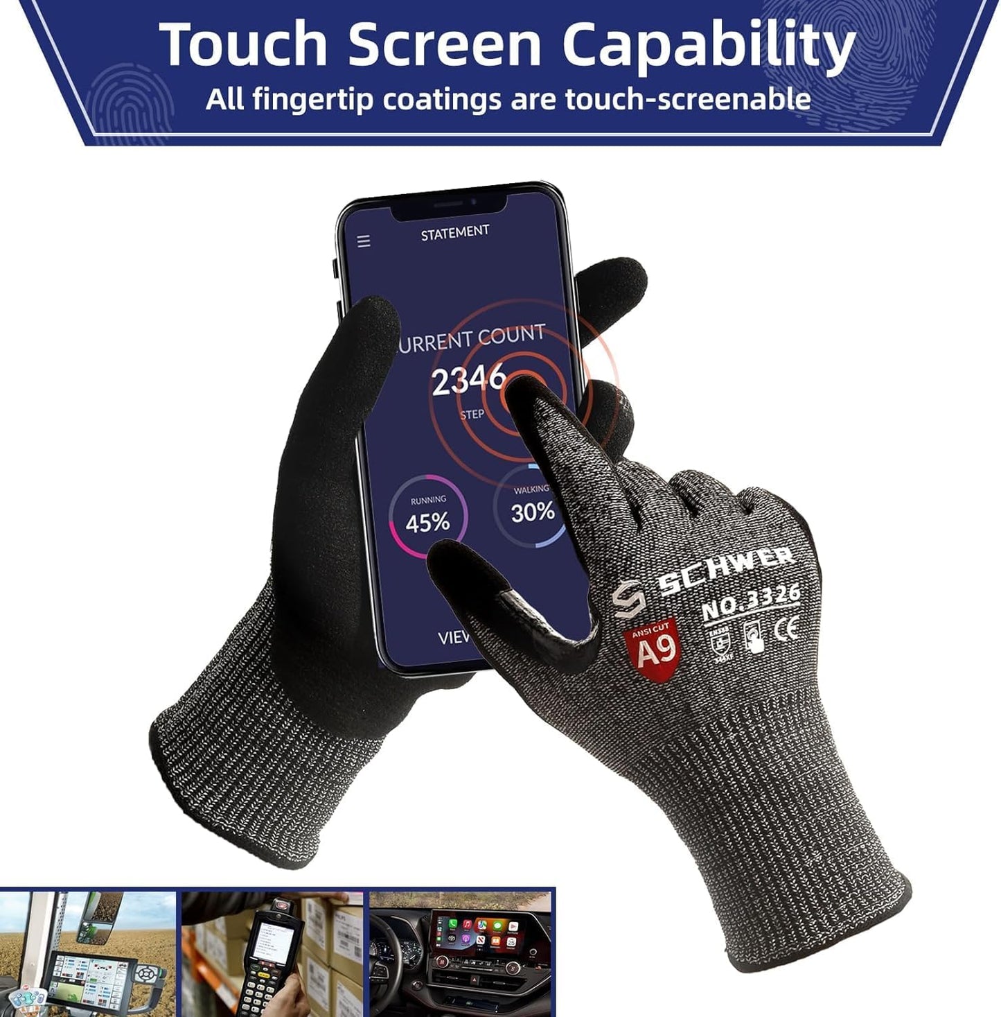 Schwer ProGuard Highest Level Cut Resistant Work Gloves PR3326 for Extreme Protection，ANSI A9 Cut Gloves with Reinforced Thumb, Non Slip, Breathable, Durable, Touch-screen, Non PFAS, Black 1 Pair（M）