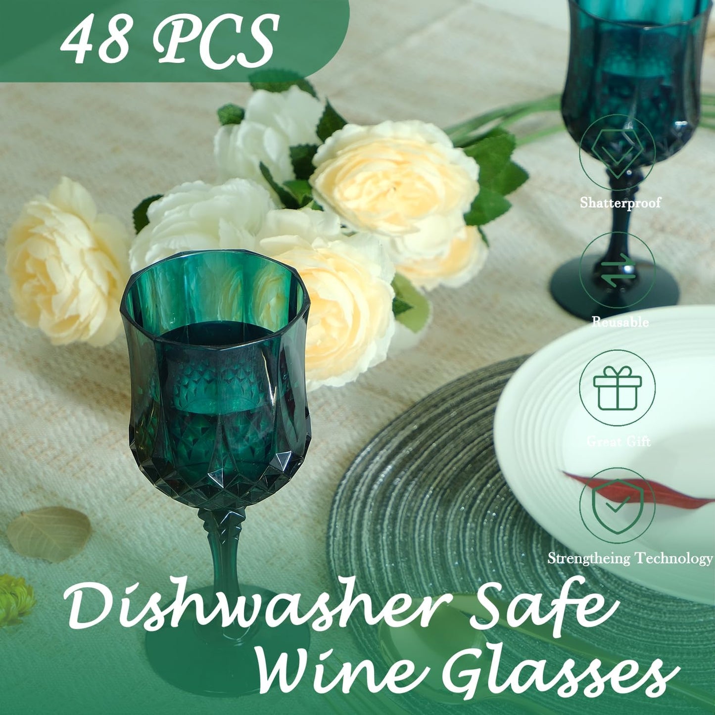 Plastic Wine Glasses，Plastic Goblets Vintage Style Cordial Drinking Glasses for Wedding Reception, Grand Event Party Supplies (48, Green)