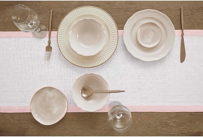 Solino Home Linen Table Runner 60 Inches - 100% Pure Linen Blush Pink and White Small Table Runner 14 x 60 Inch Ideal for Dresser and Coffee Tables, Christmas - Classic