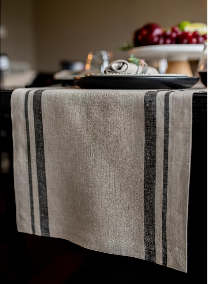 Solino Home Linen Table Runner 144 Inches Long - 100% Pure Linen Black and Natural French Stripe Table Runner 14 x 144 Inch for Dining