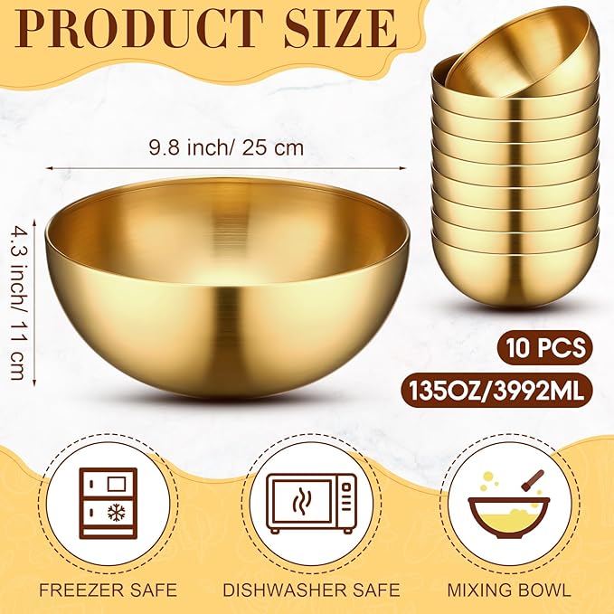 Nuogo 10 Pcs Stainless Steel Mixing Bowls Christmas Decorative Esthetician Bowls for Christmas First Holy Communion Wedding Baking Prepping Serving Facial Salad Fruit Candy(9.8 Inch,Gold)