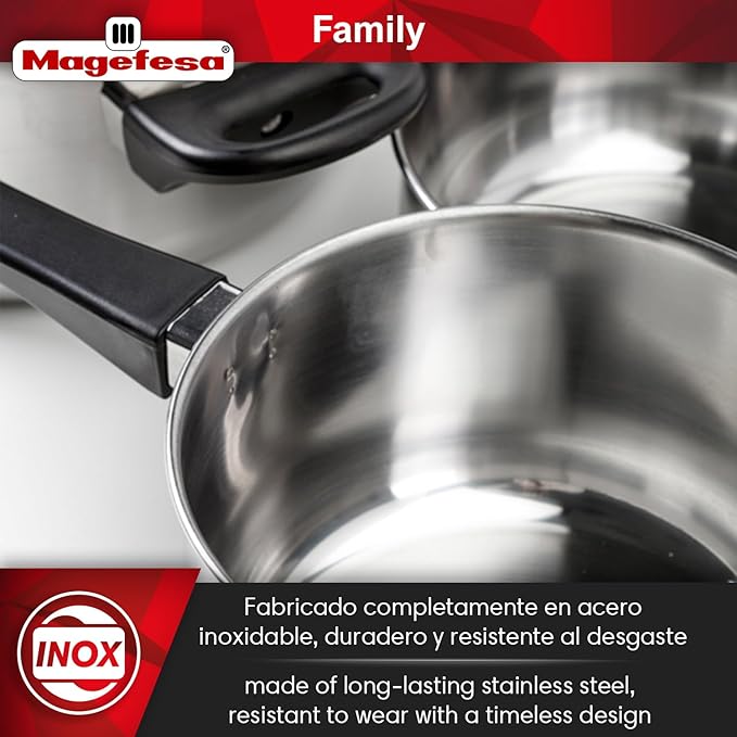 MAGEFESA Family 5-Piece Stainless Steel Cookware Set – Tempered Glass Lids with Steam Vents, Induction-Compatible, Easy to Clean