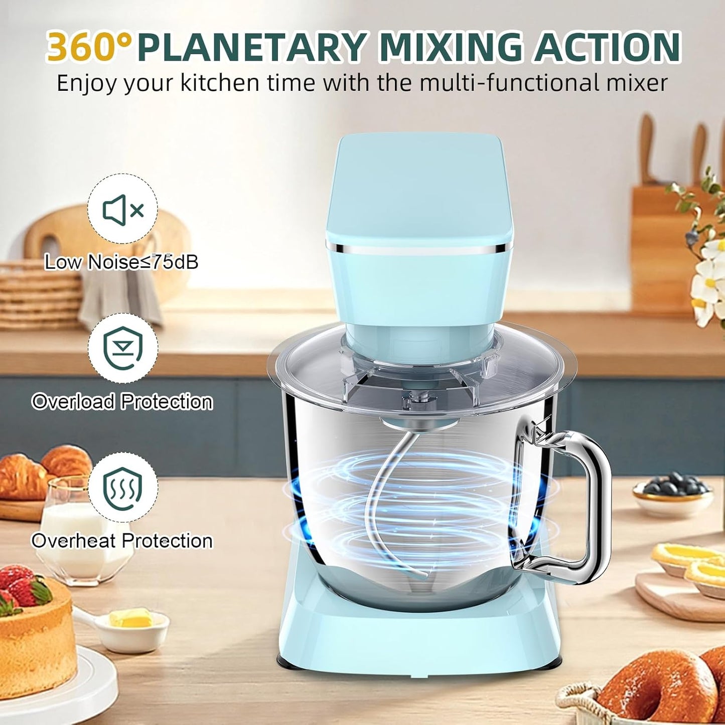 Stand Mixer, 6QT 10+P Speed Tilt-Head Kitchen Electric Mixer, Food Mixer with Stainless Steel Bowl, Dough Hook, Flat Beater, Wire Whisk, Splash Guard-Blue