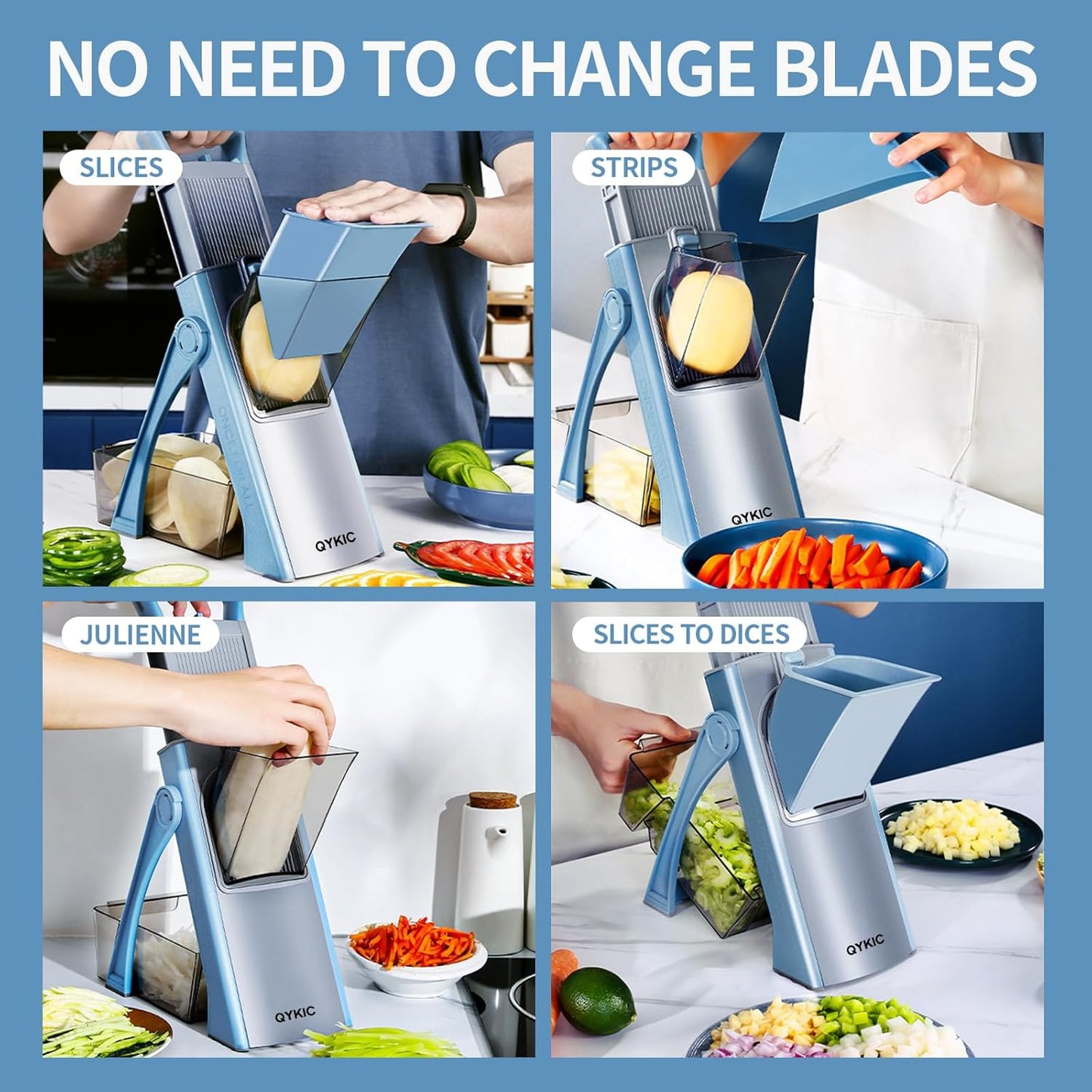 Upgrade Safe Mandoline Slicer for Kitchen, Vegetable Chopper Slicer, Potato Slicer Thickness Adjuster, French Fry Cutter, Veggie Onion Dicer Faster Kitchen Mandolin for Meal Prep (Blue)