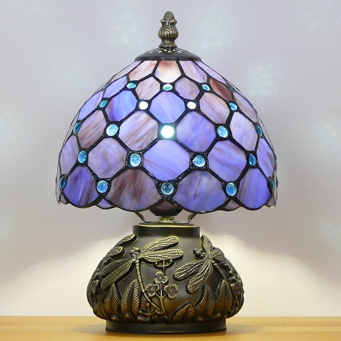 Small Tiffany Lamp Mini Stained Glass Table Lamp Purple Pearl Style Mushroom Accent Lamp 8X11 Inch