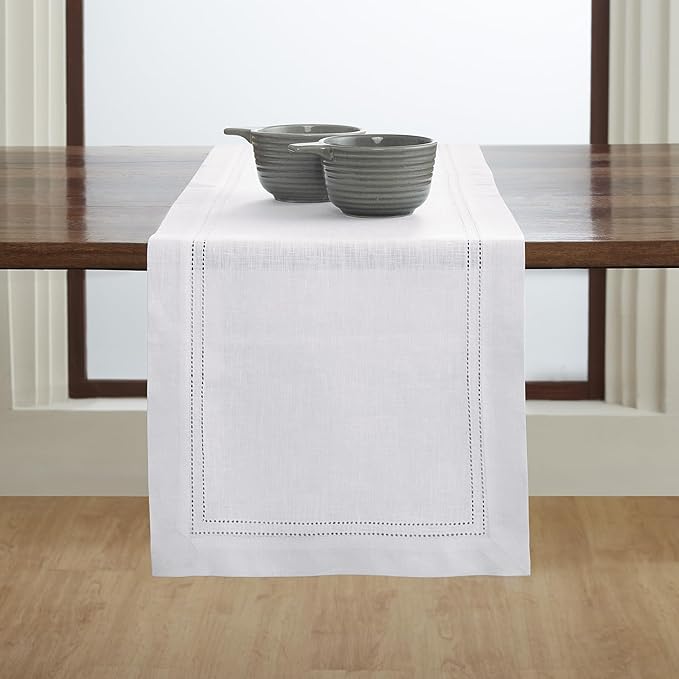 Solino Home Linen White Table Runner 90 Inches Long - 100% Pure Linen Double Hemstitch 14 x 90 Inch Table Runner for Dining, Christmas, New Year