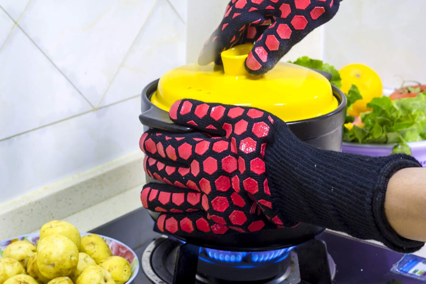 J H Heat Resistant Oven Glove:EN407 Certified 932 °F, 2 Layers Silicone Coating, Oven Mitts for Cooking, Kitchen, Fireplace,Camping, Grilling
