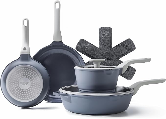 PRICUSIS Nonstick Pots and Pans Set, 9 Pieces Non Toxic Ceramic Nonstick Cookware, Healthy Omelete/Egg Skillet, Healthy Frying Pan, PTFE PFOA & PFAS Free, Induction Compatible, Blueberry Gray