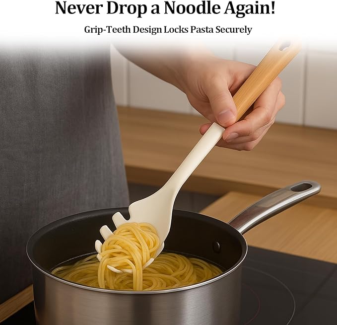 Silicone Pasta Spoon with Teeth Silicone Pasta Fork Wooden Handle Pasta Server & Spaghetti Scoop for Home Chefs, Pasta Enthusiasts