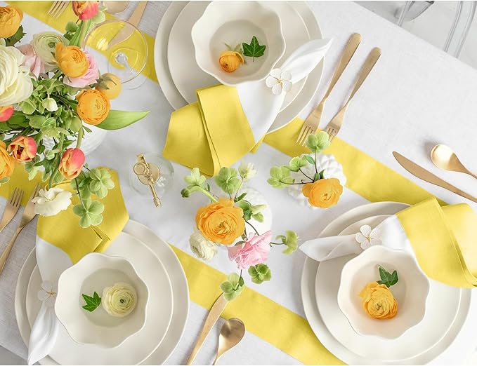 Solino Home Linen Table Runner 36 Inches - 100% Pure Linen Sunshine Yellow and White Table Runner 14 x 36 Inch Ideal for Dresser and Coffee Tables - Contempo