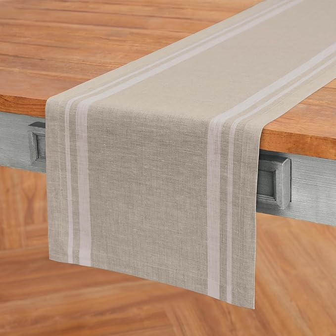 Solino Home Linen Table Runner 156 Inches Long - 100% Pure Linen White and Natural French Stripe Table Runner 14 x 156 Inch for Dining