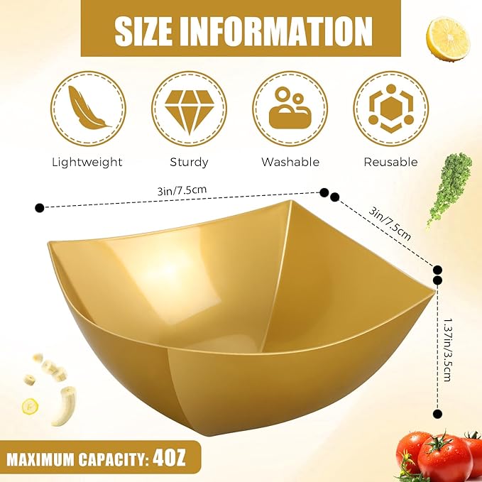 Tanlade 50 Pcs Square Plastic Serving Bowls Disposable Snack Salad Bowl Small Party Candy Bar Containers Taco Bar Serving Dishes for Buffet Chips Fruit(4 oz,Gold)