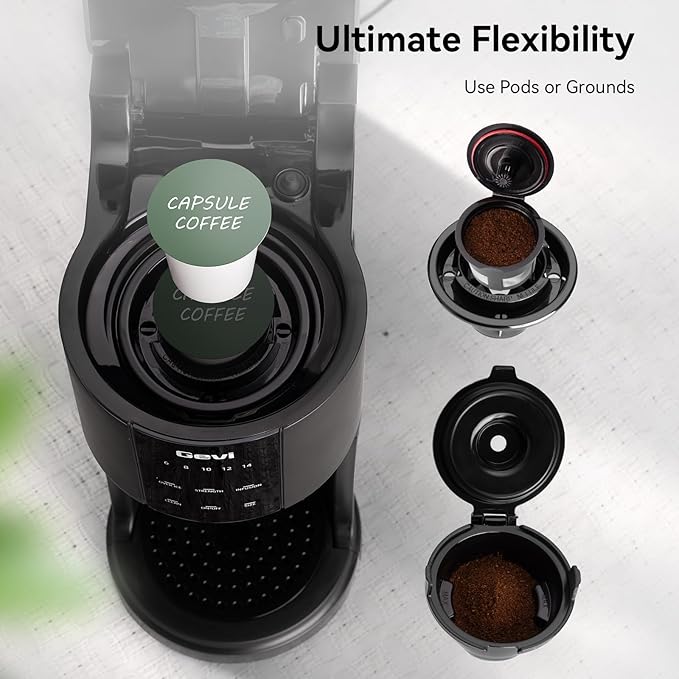 Gevi Single Serve Coffee Maker, Compatible with Pods & Ground Coffee, 40oz Removable Water Reservoir, 5 Brew Sizes (6-14oz), Compact for Kitchen Use, Black