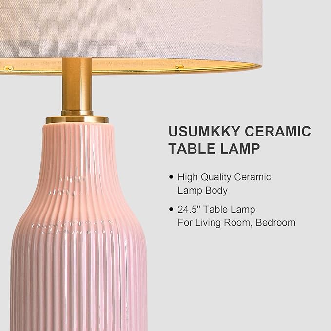 24.5" Modern 3-Way Dimmable Touch Control with USB A+C Ceramic Lamps Set of 2 Table Lamp for Living Room Bedroom Farmhouse Nightstand Bedside Pink