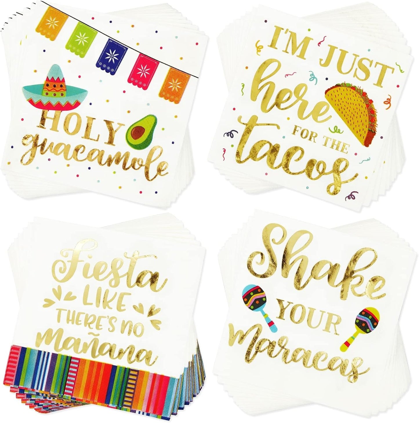 100 Pack Mexican Fiesta Napkins for Cinco de Mayo Party Supplies, Taco Fiesta Decorations in 4 Designs (5x5 In)