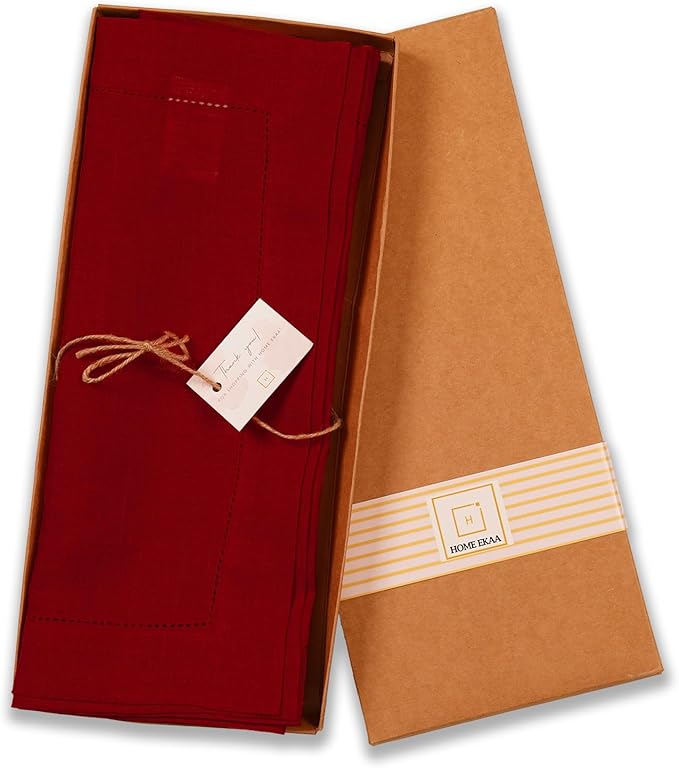 Home Ekaa 100% Pure Linen Red Table Runner 14×48 Inch – Small Hemstitch Washable Cloth Fabric Runner for Christmas, Fall, Winter, Holiday & New Year Décor – Elara Collection