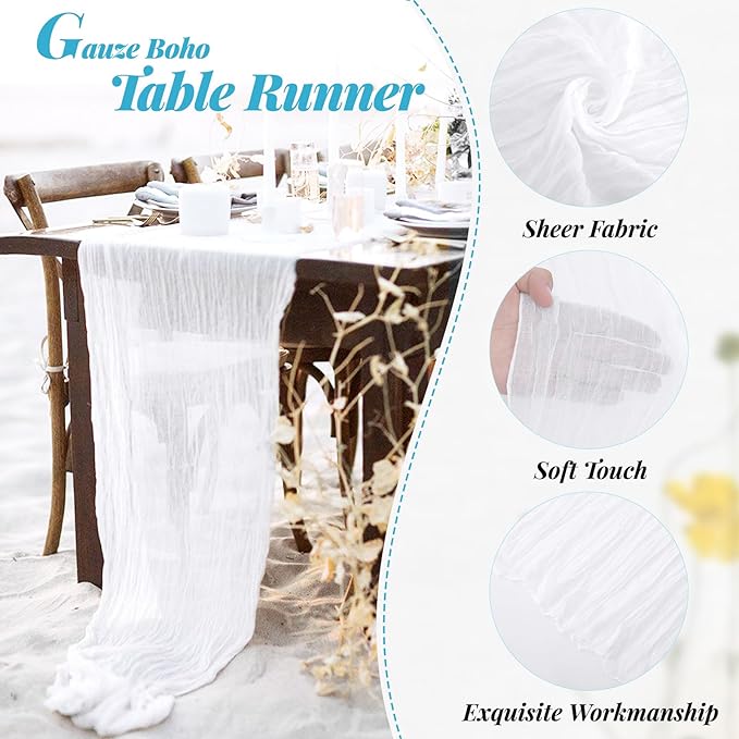 Aktor 6 Pack White Cheesecloth Table Runner 10Ft Gauze Table Runner Boho Semi Sheer Cheese Cloth Fabric Runners for Wedding Birthday Baby Shower Party Table Decoration（White）