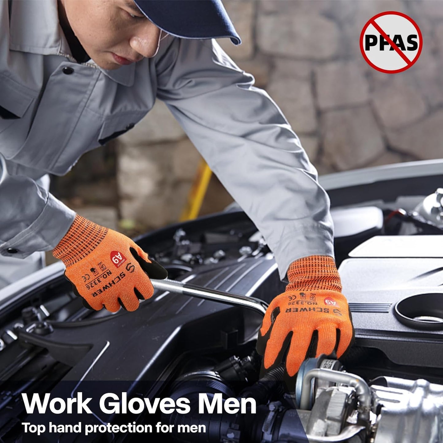 Schwer ProGuard Highest Level Cut Resistant Work Gloves PR3326 for Extreme Protection, ANSI A9 Cut Gloves with Reinforced Thumb, Non Slip, Non PFAS, Durable, Touch-screen, Orange 2 Pairs(XL)