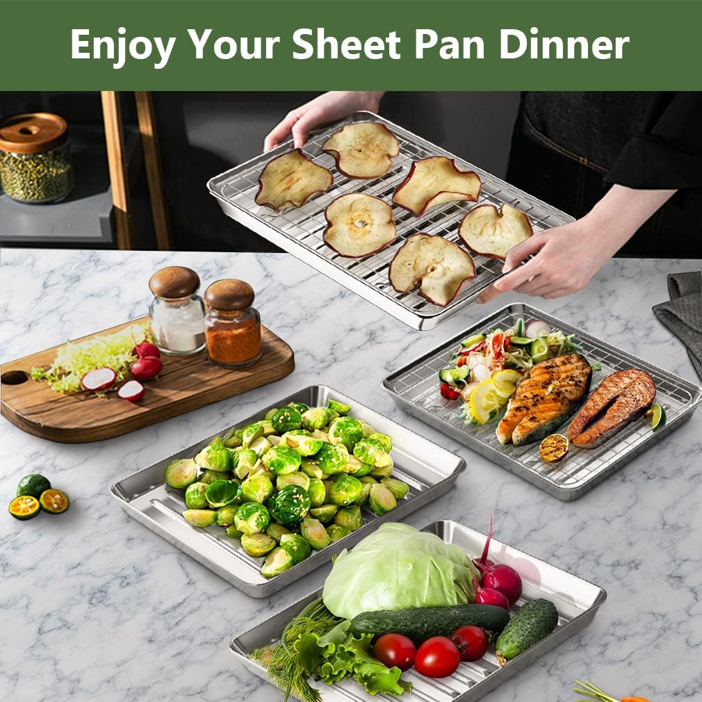 ROTTAY Small Baking Sheet Pan with Wire Rack Set [2 Pans + 2 Racks], 1/8 Stainless Steel Cookie Sheets for Oven, Warp Resistant & Heavy Duty & Rust Free, Size 9 x 7 x 1 Inches