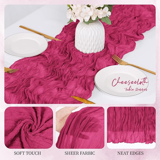 12 Pack Hot Pink Cheesecloth Table Runner 17x108 Inch Semi Sheer Boho Gauze Cheese Cloth Fabric Table Runners, for Wedding Party Baby Shower Birthday Home Decor Garden Farmhouse