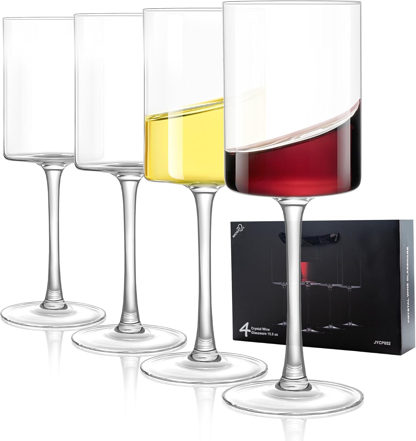 MICHLEY Square Crystal Wine Glasses Set of 4-15.5 oz large Long Stem Glassware Red/White Glasses Drinkware Perfect Gifts for Women, Wedding,Birthday Decorations