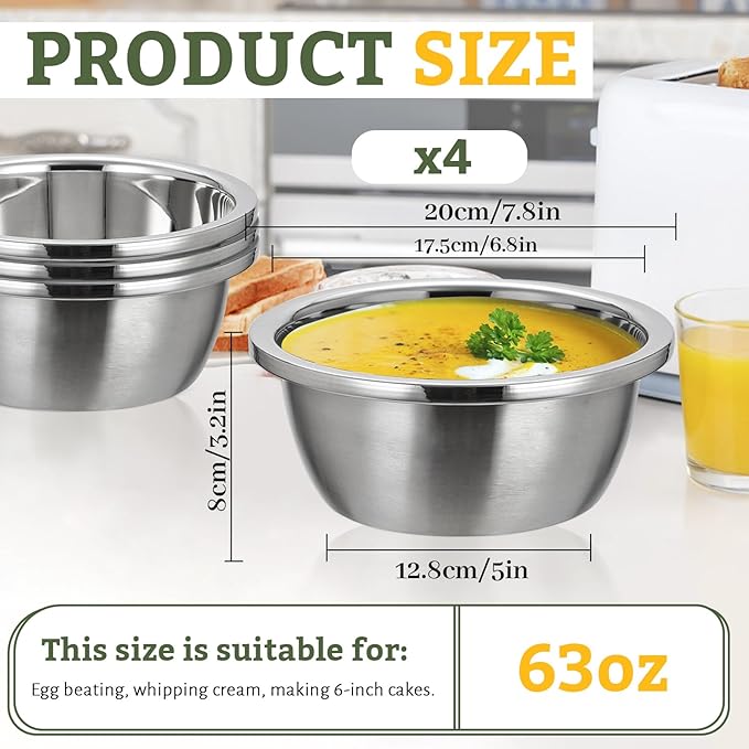 Stainless Steel Bowl Set of 4, Thicker 18/8 Stainless Mixing Bowls 1.9 Quart, Salad Bowls, Nesting Metal Prep Bowls for Cooking Baking Marinating, Serving Bowls for Cereal Soup