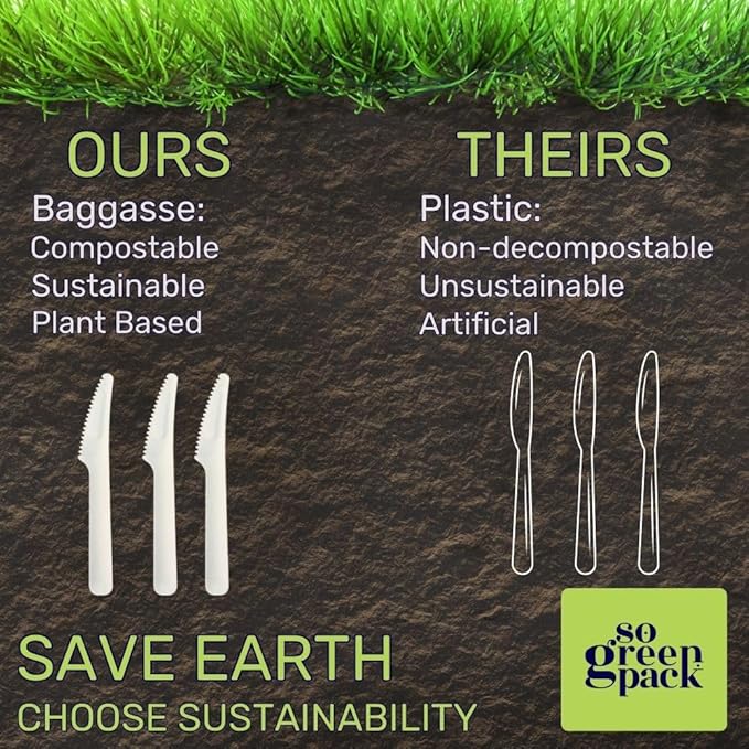 50 Packs Eco Bagasse Disposable Kinfe 6.5-Inch Cutlery Heavy-Duty Ideal Sugarcane Utensils, Parties, Events