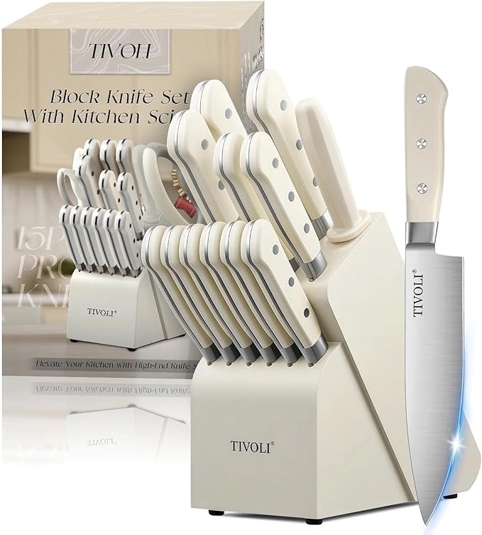 TIVOLI Knife Block Set, 15 PCS Kitchen Knife Set with Block & Honing Rod & Kitchen Scissor, High Carbon Stainless Steel Cutlery Knife Set, Ergonomic Wood Handle, Gifts For Cooks, Cream White