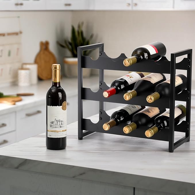 AVLA 12 Bottles Wine Rack Countertop, Freestanding 3 Tier Wine Holder, Liquor Display Storage Organizer Stand, Free Standing Floor Wine Cabinet Shelf for Kitchen Wine Cellar Tabletop Bar Dining Room