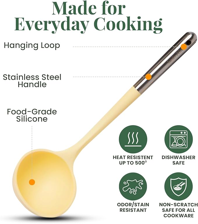 Larder & Vine 12-Piece Silicone Kitchen Cooking Utensils Set with Stainless Steel Handle and Ceramic Holder, Dishwasher Safe Set of Kitchen Essentials (Limoncello)