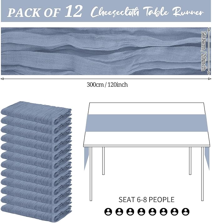 12 Pack Cheesecloth Table Runner 20 x 120 inch Cheese Cloth Table Runner Bulk,Romantic Boho Sheer Gauze Fabric Table Runners for Wedding Reception,Party,Bridal Shower Table Decor(Dusty Blue)