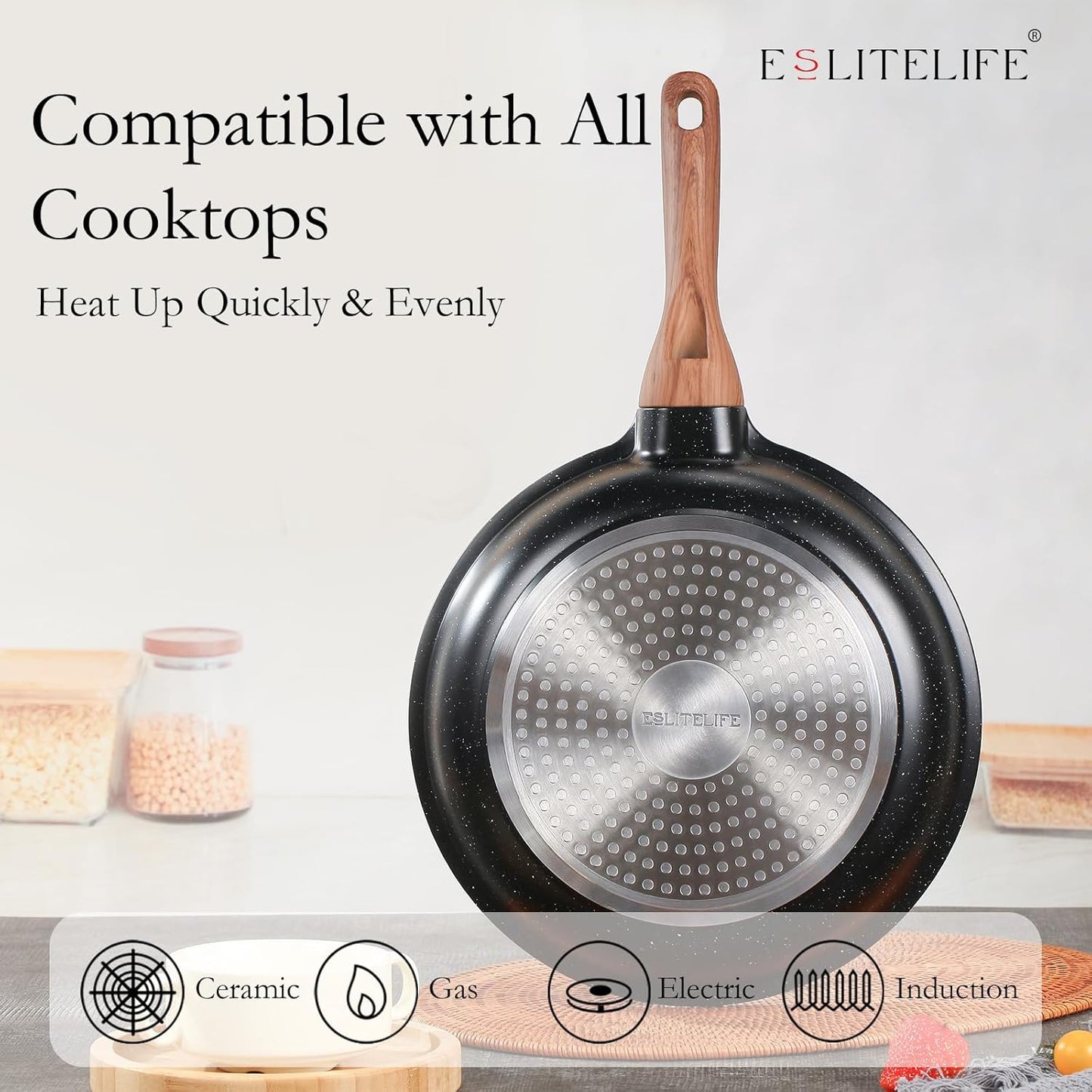 ESLITE LIFE Nonstick Ceramic Frying Pan Skillet, Non-Toxic Egg Omelette Kitchen Cooking Pans Compatible with All Stovetops (Gas, Electric & Induction), PTFE & PFOA Free (Black, 11'')
