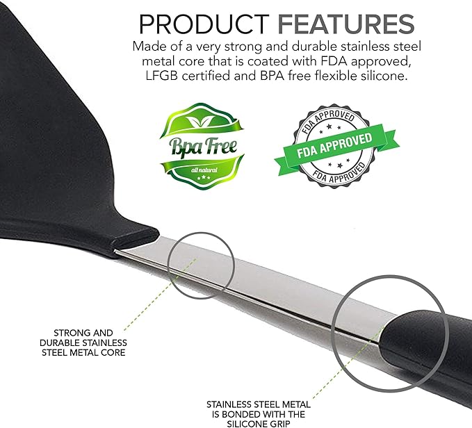 Spatulas Heat Resistant Silicone and Stainless Steel – Tongs and Turners with Rubber Grip - Flexible Silicone Spatula Tongs for Cooking and Non Stick Cookware – Cooking Utensils 4-Set