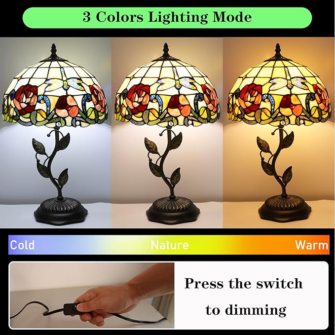 Stained Glass Table Lamp, Dragonfly Rose Style Lampshade & Metal Leaf Antique Base Desk Reading Light 12X12X19 Inches Decor for Bedroom Living Room Office
