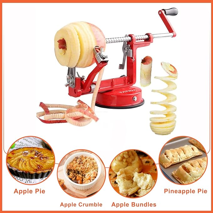 Apple Peeler Corer, Long lasting Chrome Cast Magnesium Alloy Apple Peeler Slicer Corer with Stainless Steel Blades and Powerful Suction Base for Apples and Potatoes(Red)