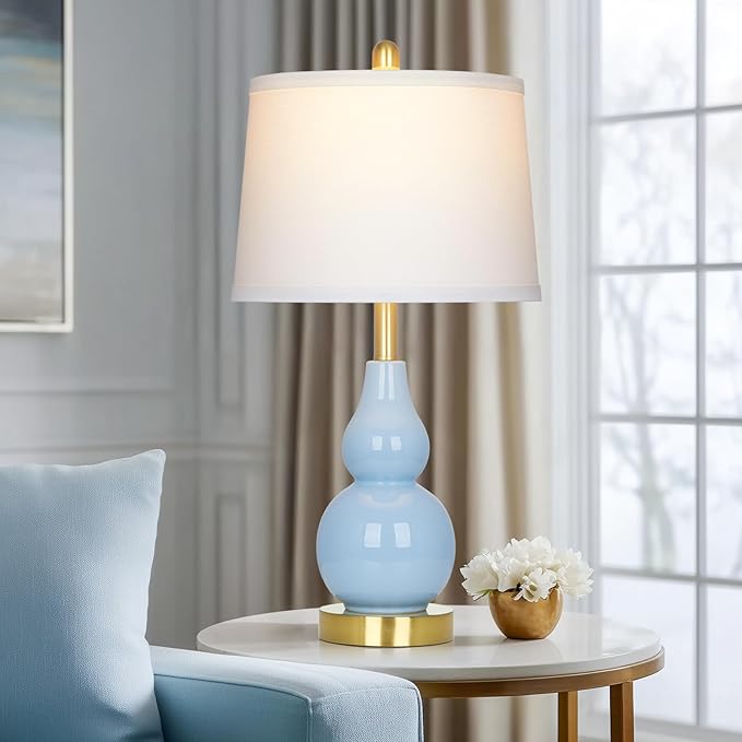 25" Modern Ceramic Table Lamps Set of 2, Blue Double Gourd Ceramic Lamps for Living Room, Coastal Farmhouse Rustic Bedside Nightstand Nautical Lamps for Bedrooms Home Office Dorm(2 LED Bulbs Included)