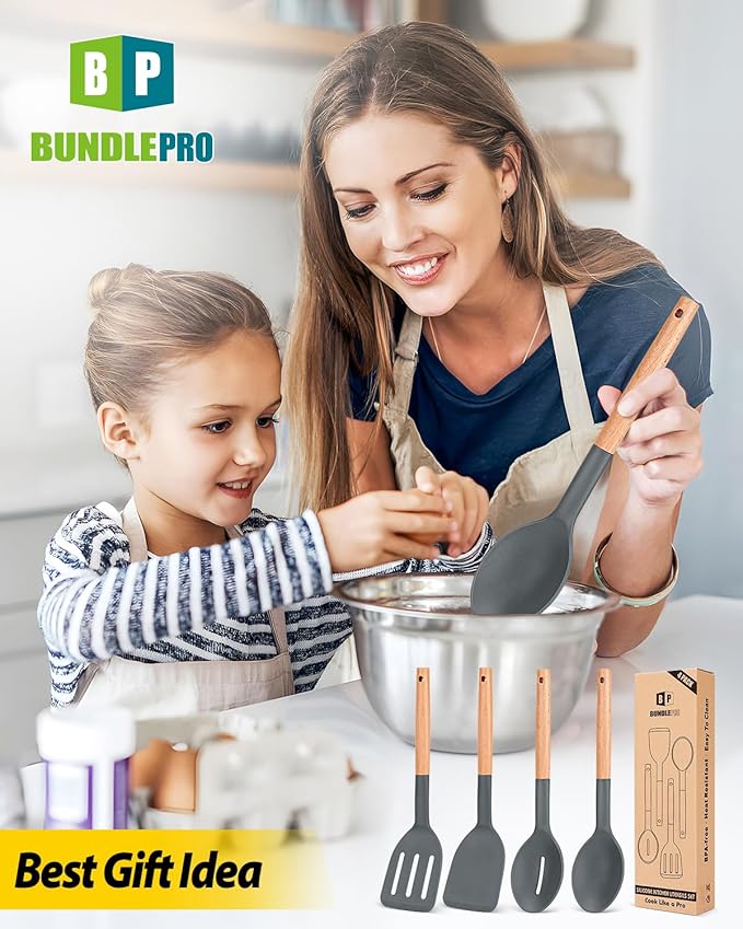 Pack of 4 Silicone Cooking Utensils Set, Non Stick Solid Spatulas and Heat Resistant Slotted Spoons with Wooden Handle, Ideal Wood Kitchen Utensils Set for Frying,Serving,Turning,Stirring (GRAY)
